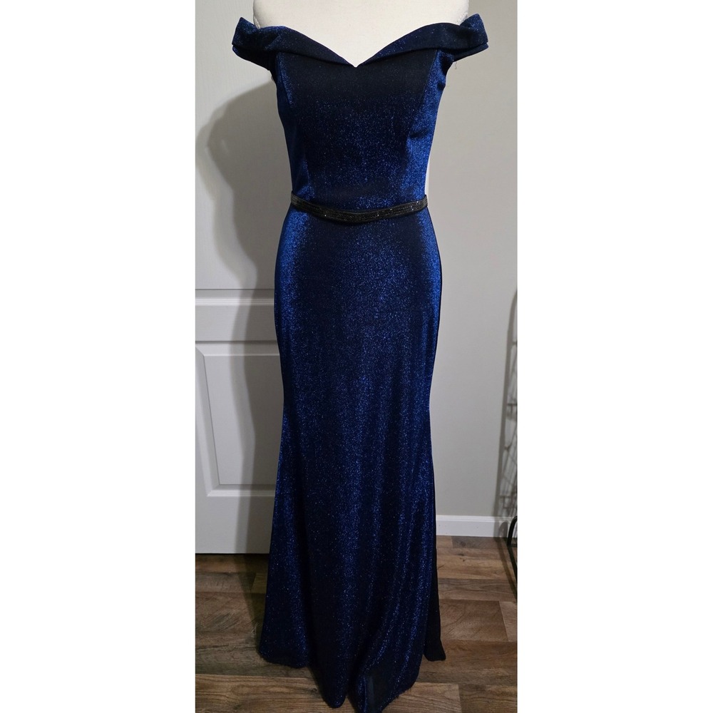 Sparkle Blue Glitter Off Shoulder Formal Gown Mermaid Dress Womens 8 MOB‎ MOG
